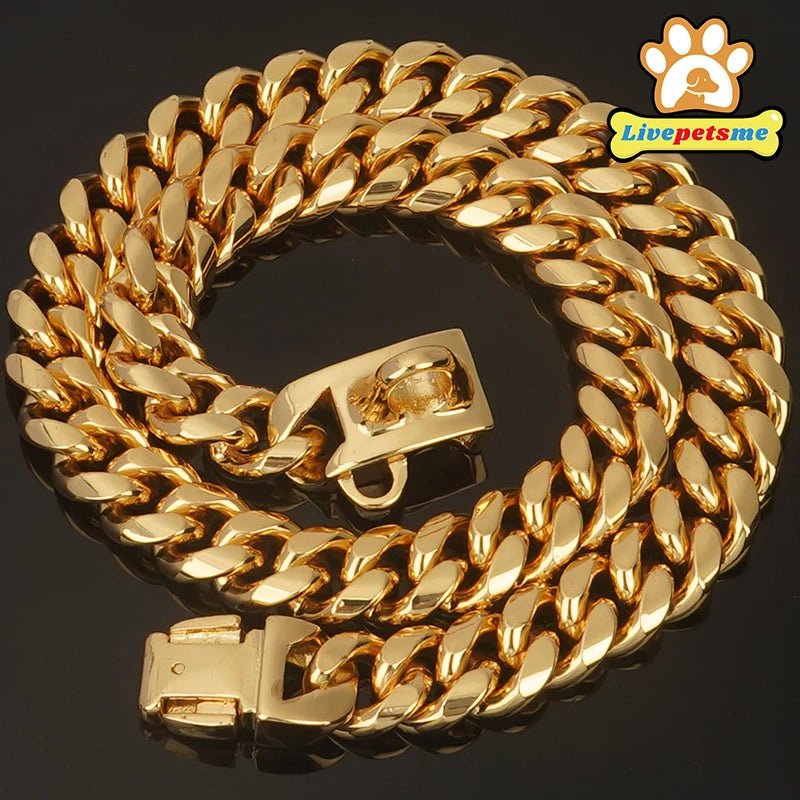 Starkes Edelstahl Hunde Halsband mit Sicherheitsverschluss – Goldene Cuban Link Kette | Furrivio™ für Hunde & Katzen – jetzt bei Furrivio™ kaufen