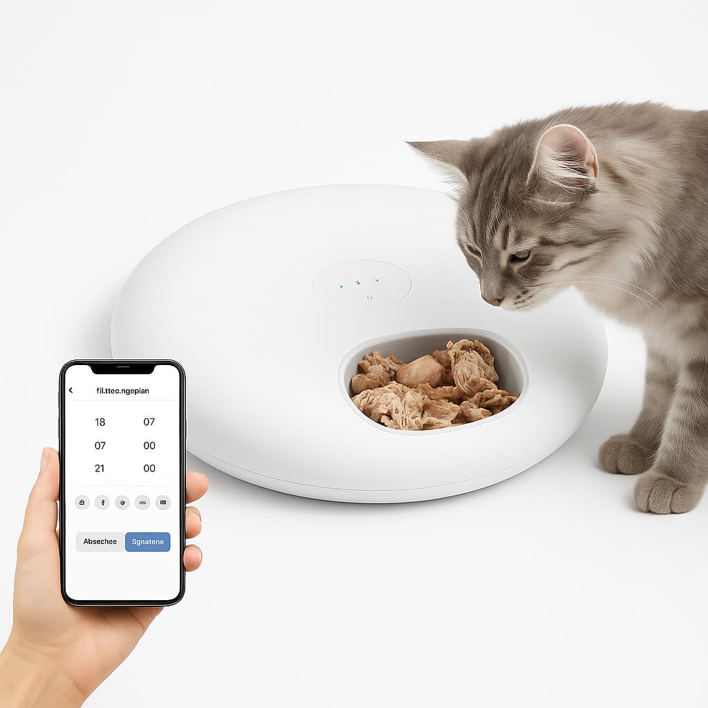 Automatischer Haustier Futterautomat – Smart Futterspender für Katzen, Trocken - & Nassfutter, WLAN - Steuerung, Timer