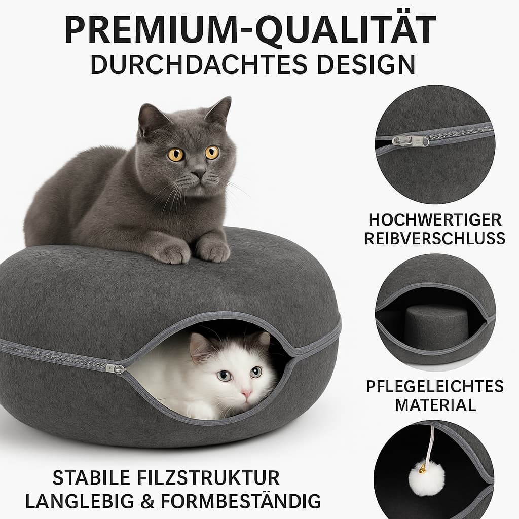 Donut Katzenbett mit Tunnel – 2 - in - 1 Katzenhöhle & Spielplatz aus Plüsch | Furrivio™ für Hunde & Katzen – jetzt bei Furrivio™ kaufen
