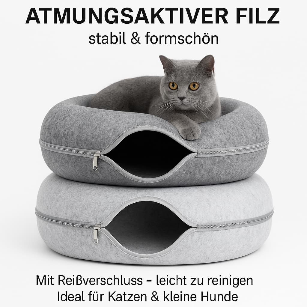 Donut Katzenbett mit Tunnel – 2 - in - 1 Katzenhöhle & Spielplatz aus Plüsch | Furrivio™ für Hunde & Katzen – jetzt bei Furrivio™ kaufen