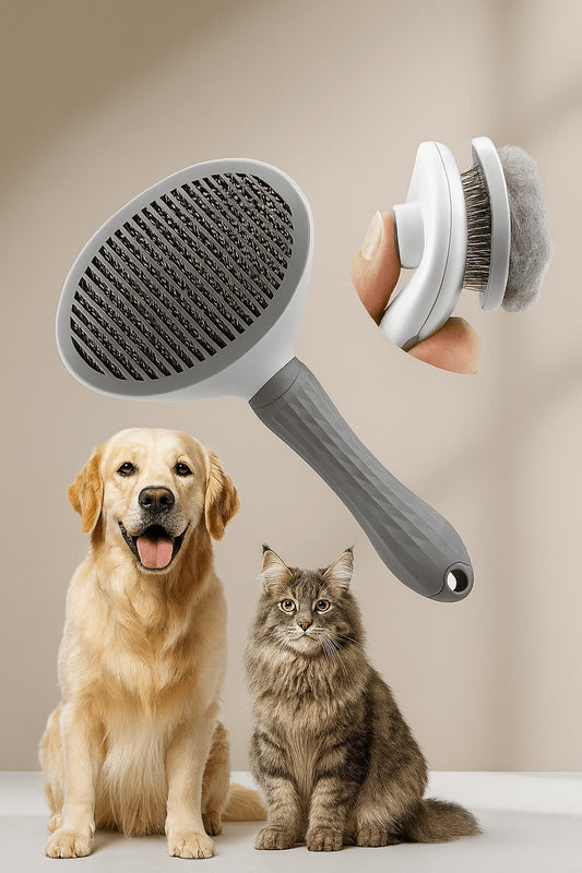 Selbstreinigende Hunde- und Katzenbürste mit ergonomischem Griff und ausfahrbaren Borsten, auf weißem Hintergrund.