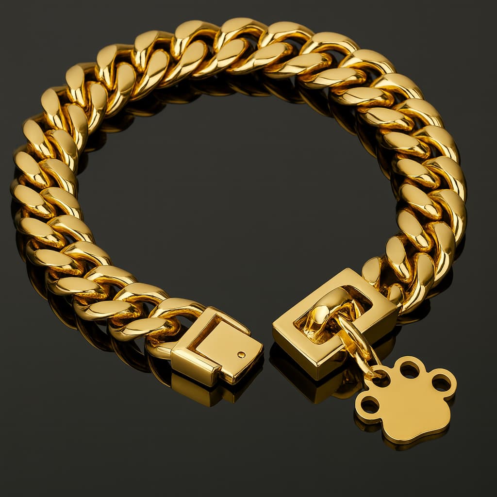 Starkes Edelstahl Hunde Halsband mit Sicherheitsverschluss – Goldene Cuban Link Kette | Furrivio™ für Hunde & Katzen – jetzt bei Furrivio™ kaufen