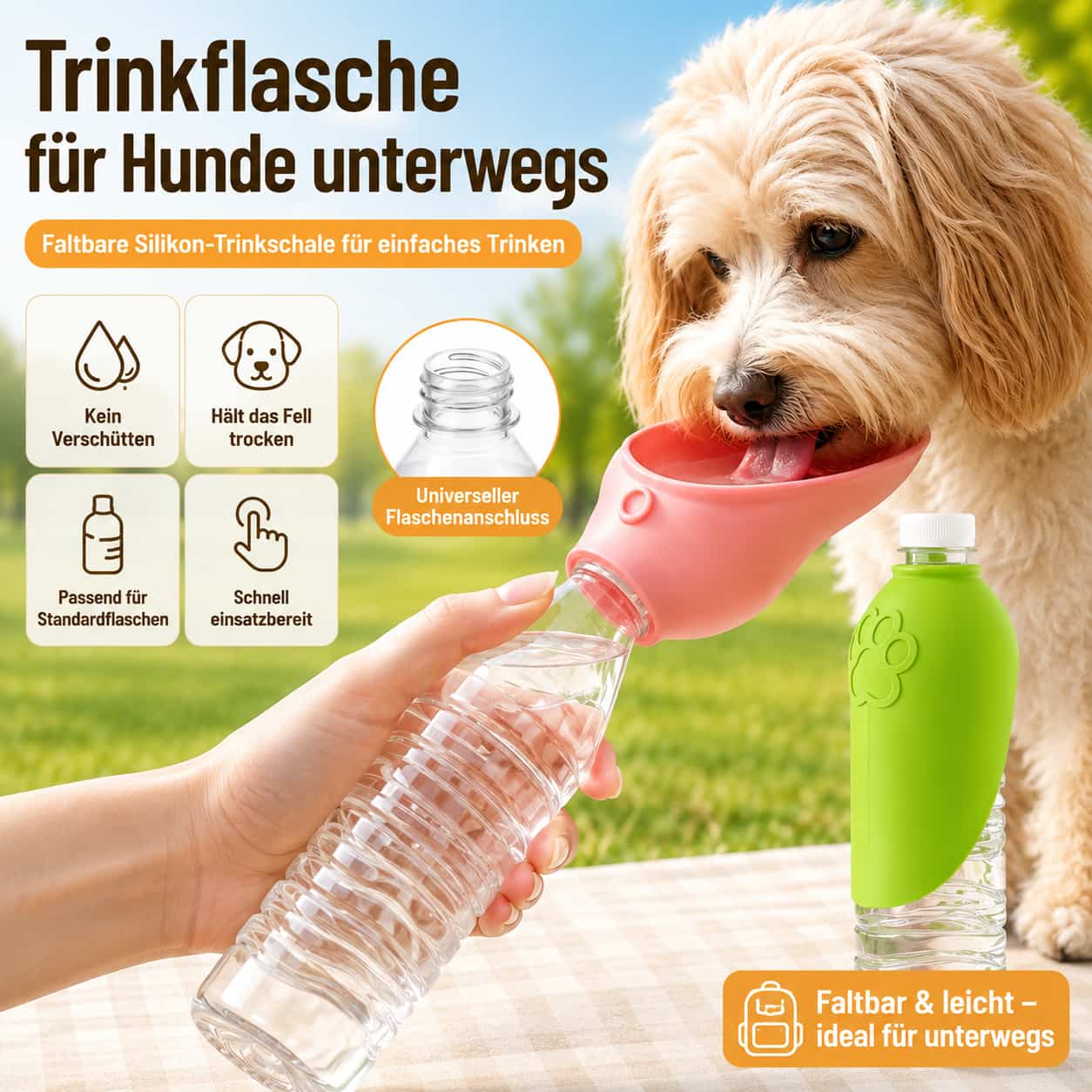 Trinknapf für Hunde unterwegs – Faltbarer Silikon-Trinkaufsatz | Furrivio für Hunde & Katzen – jetzt bei Furrivio kaufen